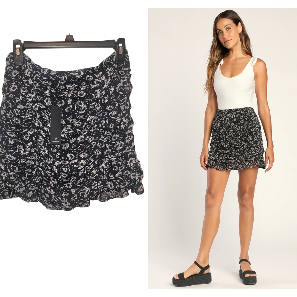 Lulu's Floral Black White Women's Mini Skirt Boho Summer